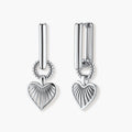 Platinum-plated 925 sterling silver rectangular hoop earrings with twisted ring connector and ribbed heart charm pendant.