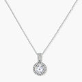 Platinum-plated sterling silver necklace with round halo pendant featuring central crystal surrounded by smaller stones
