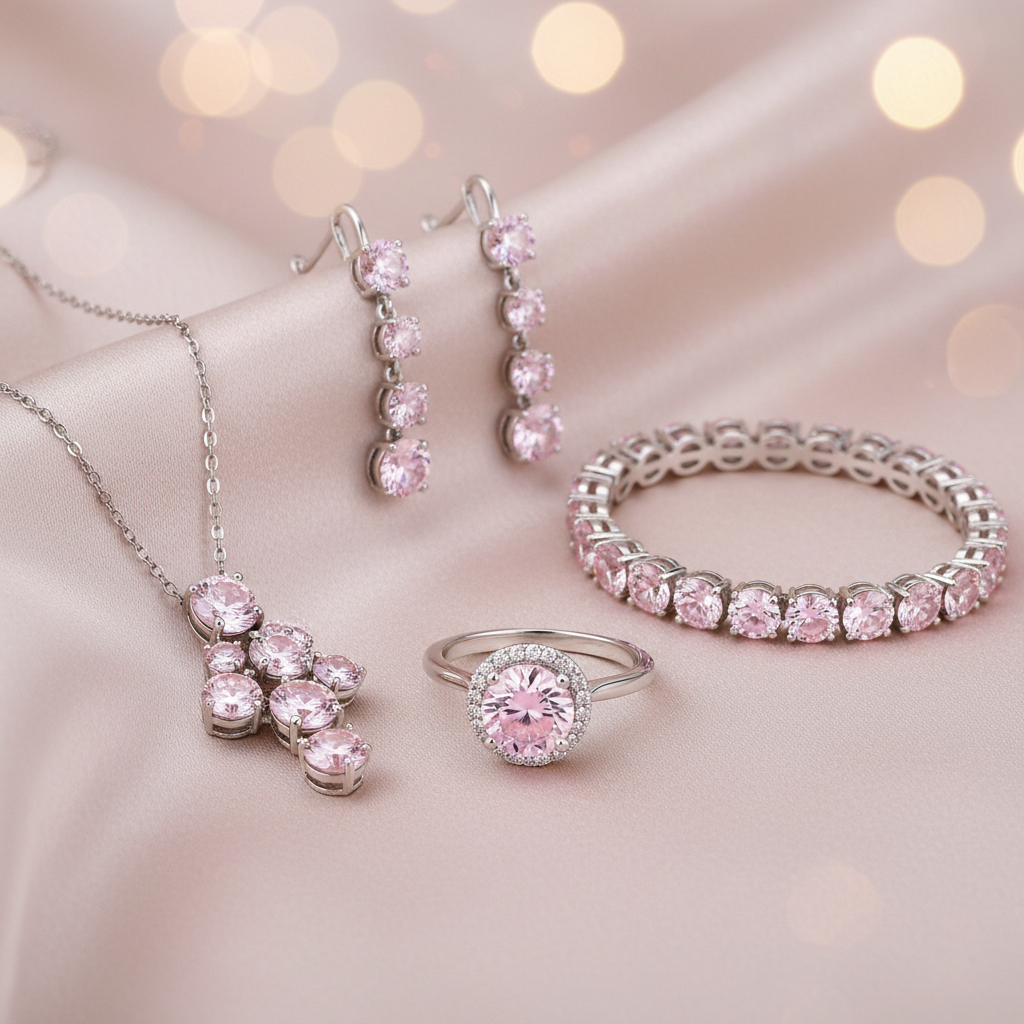 Blush Dreams pink moissanite jewelry set in sterling silver